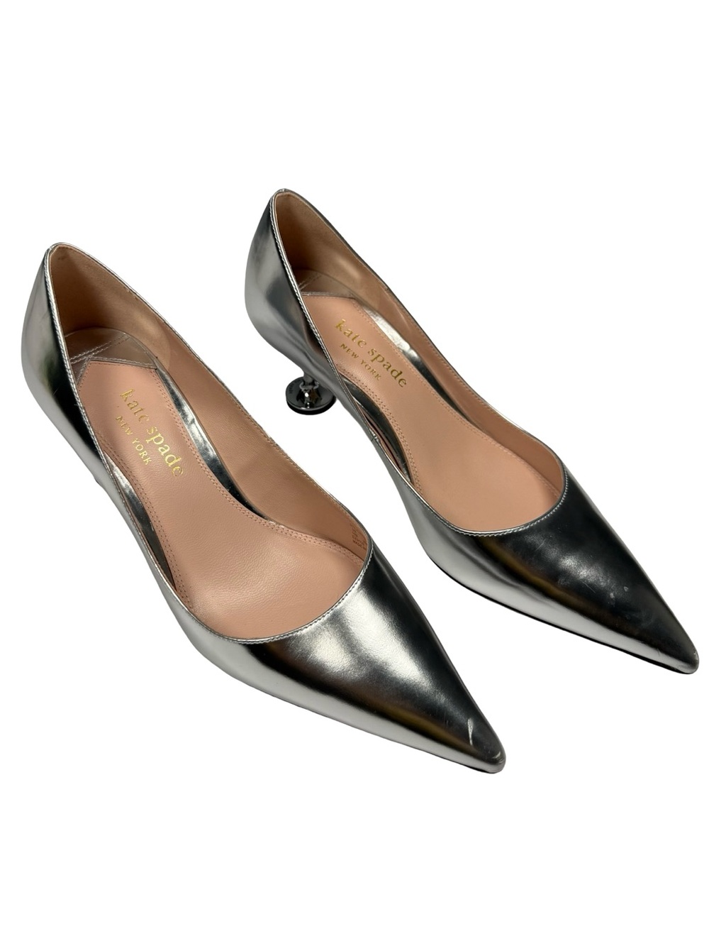 Kate Spade Garnish Silver Metallic Leather Pointed Toe Pumps 10B Martini Heel